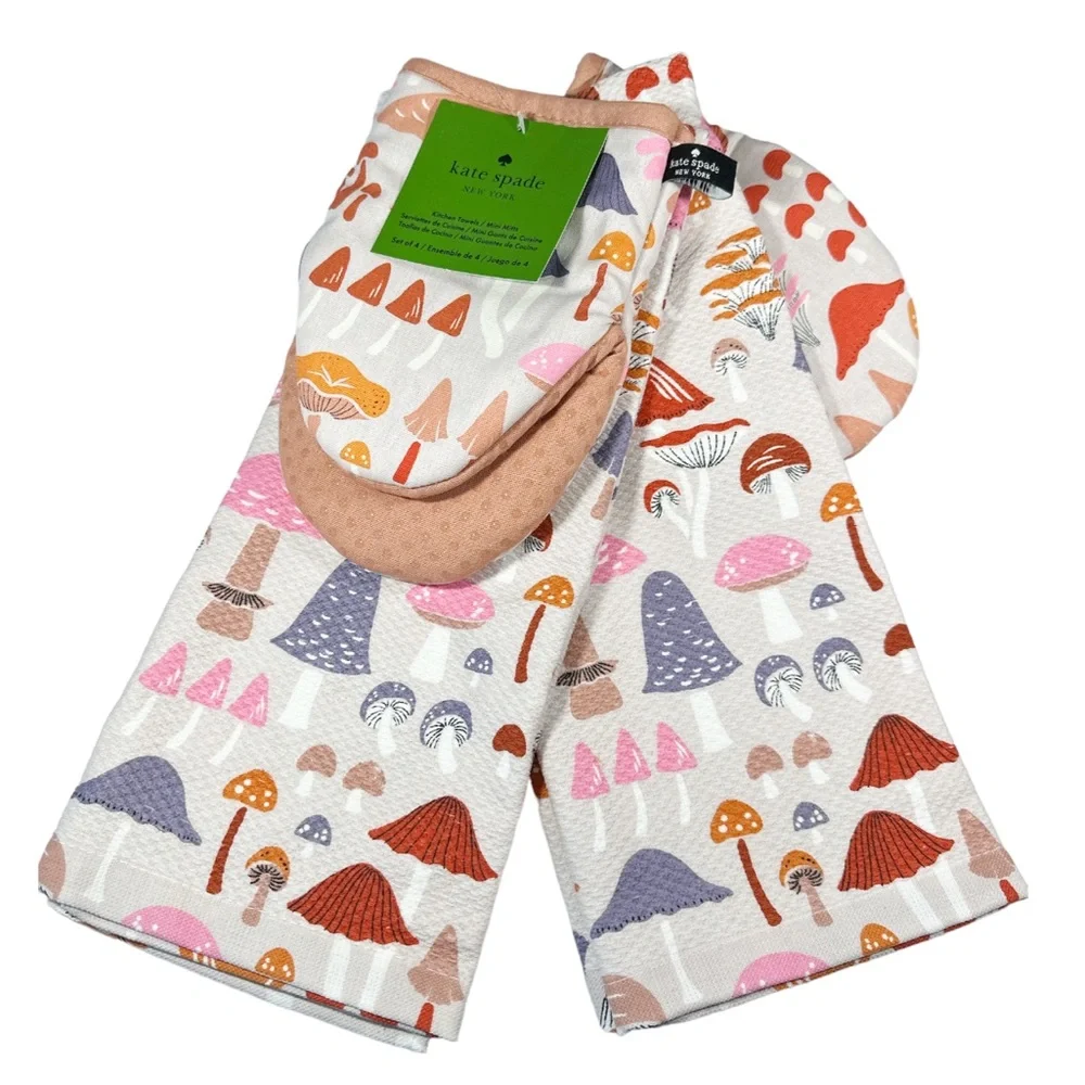 NEW ♠️Kate Spade♠️ MUSHROOM DESIGN Kitchen Towel & Mini Oven Mitt 4 Piece Set 🍄